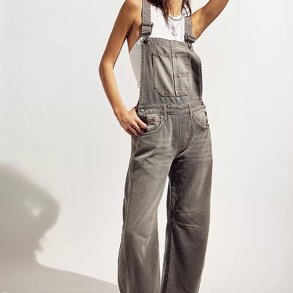 Free People Gray Barrel Leg Denim Overalls